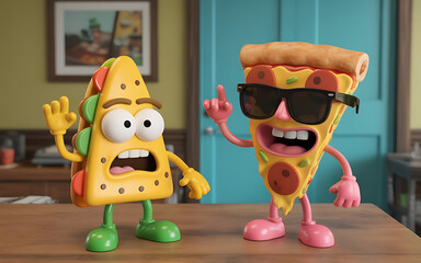 Cartoon taco in shock as a cool pizza slice character speaks to him