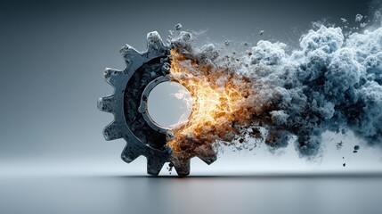 Metal gear wheel disintegrating into smoke and fire particles for industrial entropy concept.


