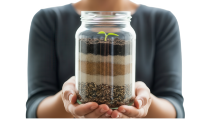 A person holding a layered soil jar with a small plant growing on transparent background