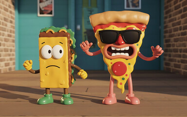 A worried taco character stands next to an angry pizza slice character wearing sunglasses