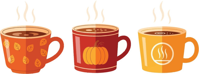 Three autumn themed mugs with steaming beverages perfect for fall enjoyment