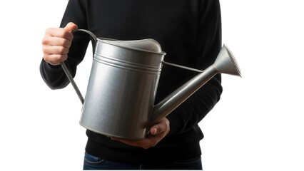 A person holding a metal watering can on transparent background