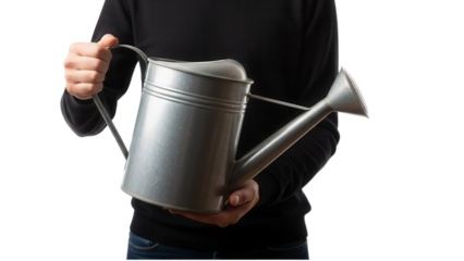 A person holding a metal watering can on transparent background
