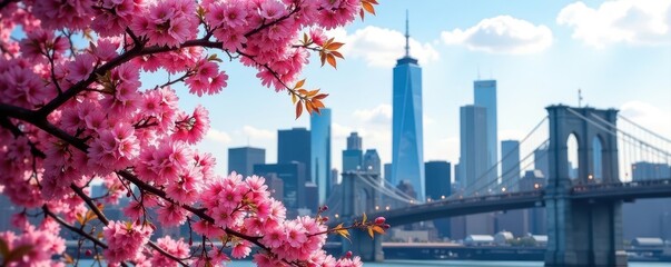 NYC skyscrapers with vibrant cherry blossoms in foreground, metropolitan, new york city, east river