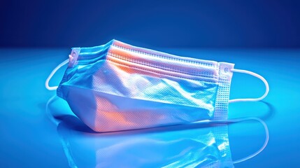 A freshly unpacked disposable medical mask lies on a reflective blue surface with warm and cool lighting creating an artistic effect