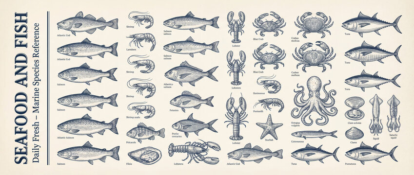 Engraved collection of marine species showcasing a variety of seafood and fish from the ocean's depths