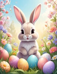 Cute Easter bunny with colorful eggs. Generative AI