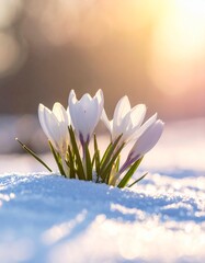 Crocus or snowdrop flowers blooming in snow. Generative AI