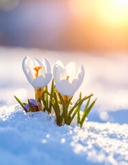 Crocus or snowdrop flowers blooming in snow. Generative AI