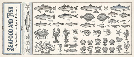 Engraved collection showcasing diverse seafood and fish species for culinary enthusiasts and marine lovers