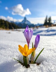 Crocus or snowdrop flowers blooming in snow. Generative AI