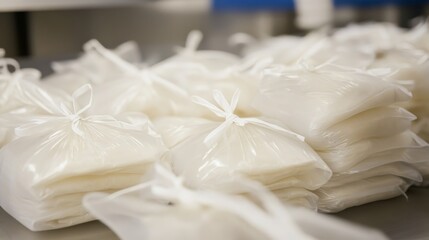 A pile of discarded medical waste bags securely tied and ready for disposal