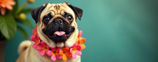 Pug dog wearing vibrant flower lei, happy expression, summer, party