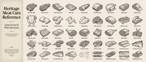 Engraved collection of meat cuts showcasing premium selections for culinary enthusiasts and chefs alike