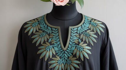 Detailed View of a Black Tunic Featuring Vibrant Teal and Sage Green Leaf Embroidery Around a Split V-Neckline
