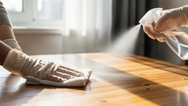 Person wearing gloves cleaning a wooden table with a cloth and spray
