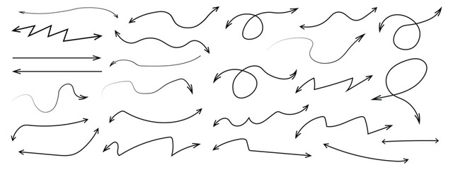 Fototapeta premium Various black brush drawn curved arrows. Collection doodle marker thick arrows in different directions. Grunge rough direction shape for design. Vector brush strokes,Black pencil arrow 