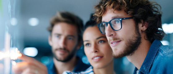 Three people are looking at something with amazement on their faces, while one of them is holding a lit sparkler in his hand. They all seem to be wearing blue clothes and glasses.