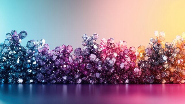 A stunning collection of polished tourmaline crystals in a vibrant array of pink purple blue yellow and orange hues showcased on a reflective surface under a soft gradient light