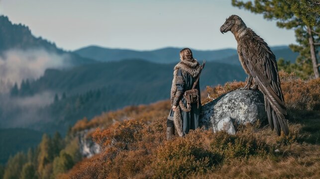 Fantasy Warrior With Giant Bird Companion Overlooking Mountains