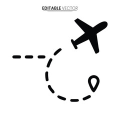 A simple black airplane icon with a dotted path and location marker illustration