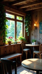Rustic wooden cafe nestled in vibrant spring forest, soft light , green, bright