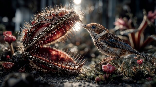 Curious Bird Facing Giant Carnivorous Venus Flytrap Plant In Forest