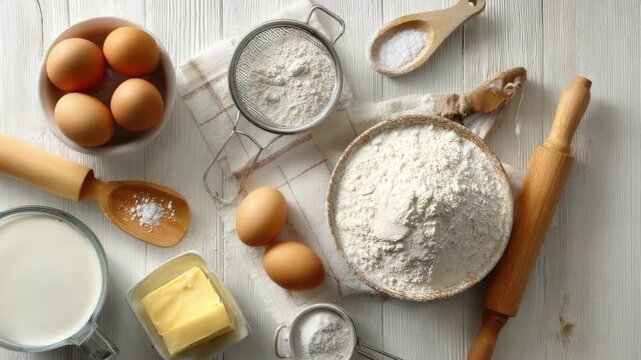 Ingredients for baking displayed on a rustic wooden table, showcasing eggs, flour, butter, and milk, with a gradual zoom in on the arrangement and textures