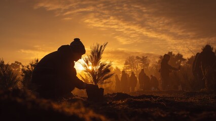  Human Planting Trees at New Year Sunrise, Symbol of Hope, Sustainability and a Fresh Global Beginning