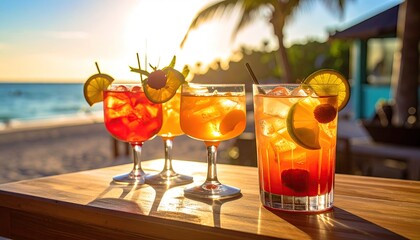 Four Colorful Tropical Cocktails Arranged on a Wooden Table at Sunset on a Sandy Beach with Palm Trees and Ocean in the Background and Golden Hour Lighting
