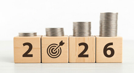 Stacks of coins with Calendar and wooden blocks forming number 2026 for target financial growth, investment planning for money savings, business goals concept. Budget and tax, Happy new year 2026