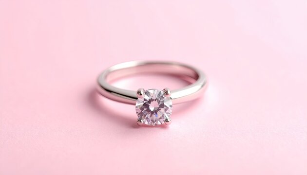 Elegant silver diamond engagement ring resting on a soft pastel pink textured background with subtle lighting highlighting the sparkling gemstone.