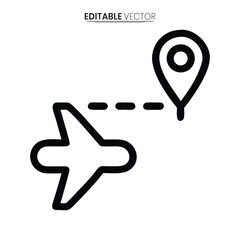 Simple black and white vector illustration of an airplane and map marker with a dotted line