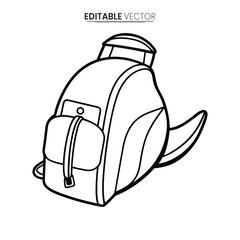 A simple black and white line drawing of a modern backpack with visible pockets and straps