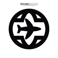A minimalist black and white vector graphic depicting an airplane within a circular compass like design