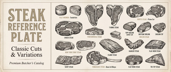 Engraved collection showcasing classic steak cuts and variations for culinary enthusiasts and butchers alike
