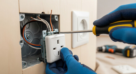 Technician installing electrical outlet with screwdriver in a modern home