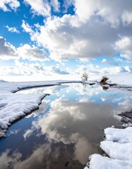 A puddle filled with melted snow water. Generative AI