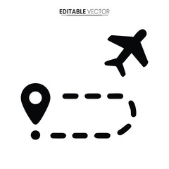 Black silhouette of an airplane flying over a map marker and dashed route line