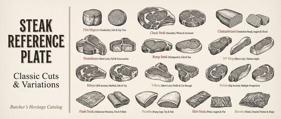 Engraved collection showcasing classic steak cuts with detailed variations, perfect for culinary enthusiasts and chefs alike