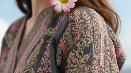 Detailed View of a Charcoal Grey Robe Featuring Ornate Gold and Pink Floral Embroidery with Intricate Geometric Trim