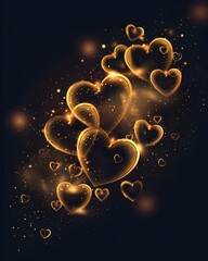Golden hearts with sparkling dust, isolated on transparent background