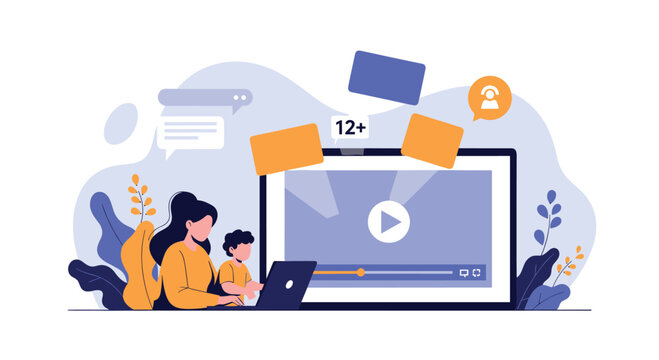 Mother and child using a laptop to watch online videos with parental controls and age restriction notifications enabled.