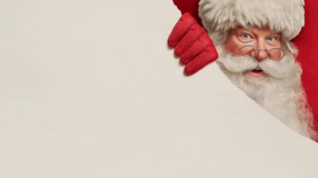 Cute santa in red mittens hides behind edge of bright white panel with only hands and hat visible against clean background adding playful christmas mystery and copy space