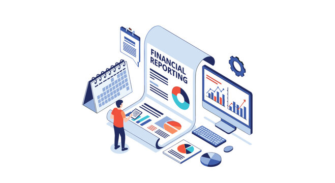Man analyzing a long financial reporting document with charts and graphs using a computer and calendar for scheduling.