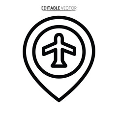 A simple black line art illustration of a location pin with an airplane symbol inside