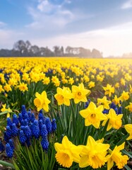 A field of yellow daffodils blooming in spring. Generative AI