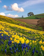 A field of yellow daffodils blooming in spring. Generative AI