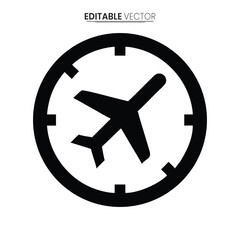 A simple black and white vector illustration of an airplane inside a circular clock face