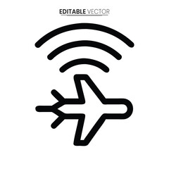 A simple black line vector graphic depicting an airplane with wifi signal waves emanating from it
